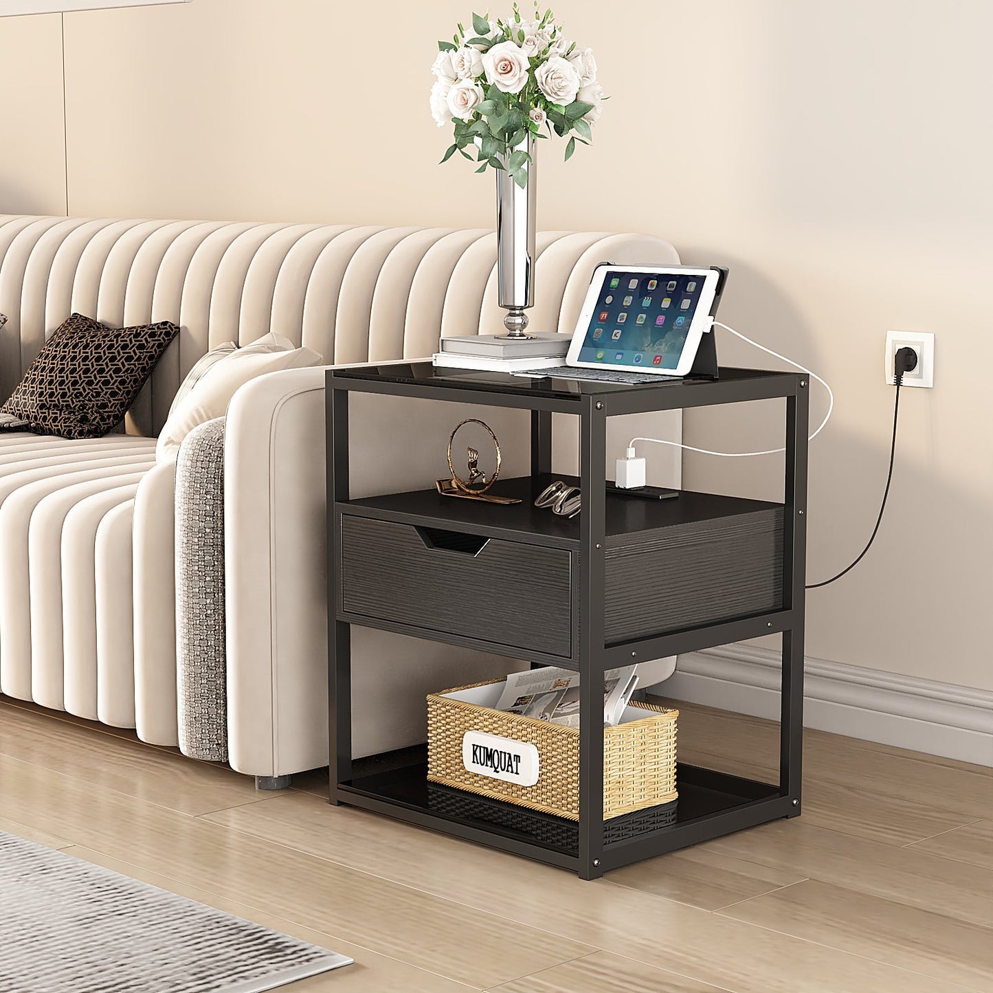 Nightstand with Storage Drawer and Open Wood Shelf