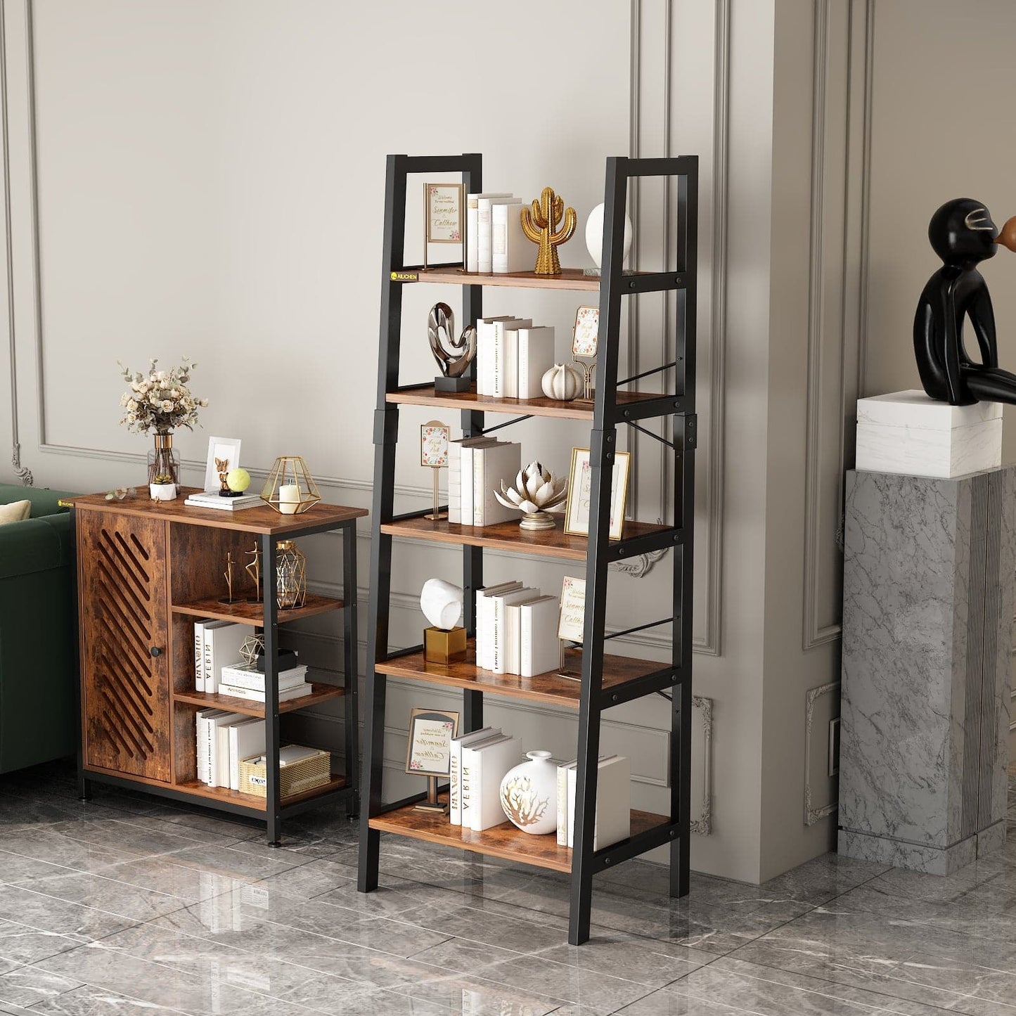 Industrial 5-Tier Bookshelf Wood Look Accent Metal Frame