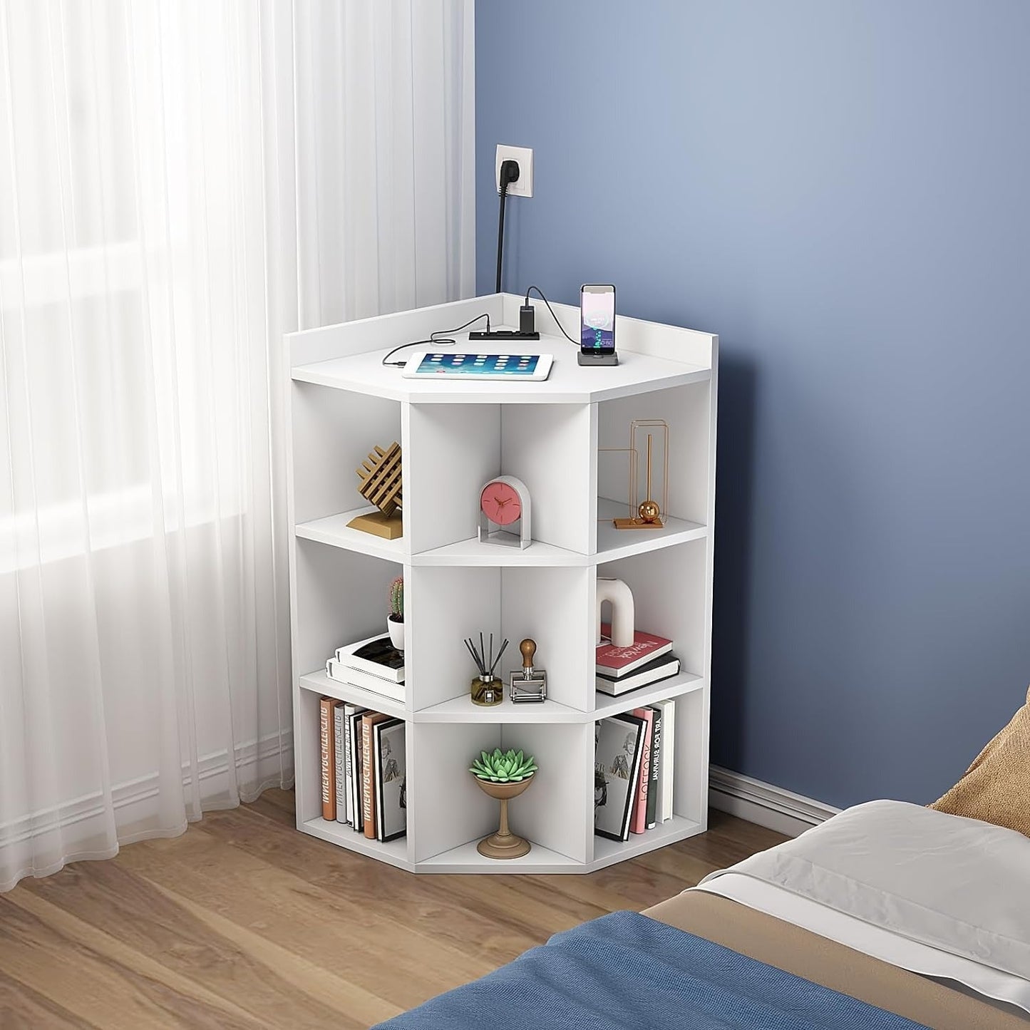 Corner Cabinet with Charging Station, Storage Cabinets, Triangle Bookcases