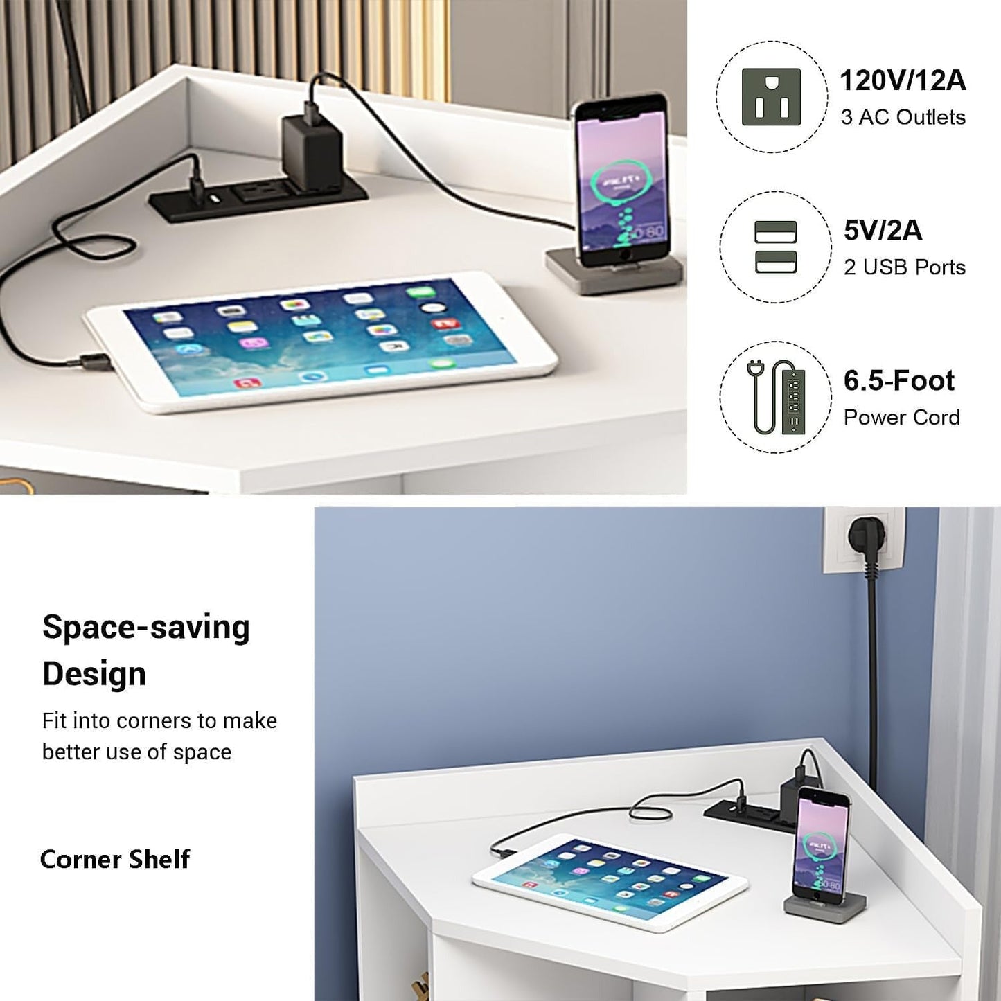 Corner Cabinet with Charging Station, Storage Cabinets, Triangle Bookcases