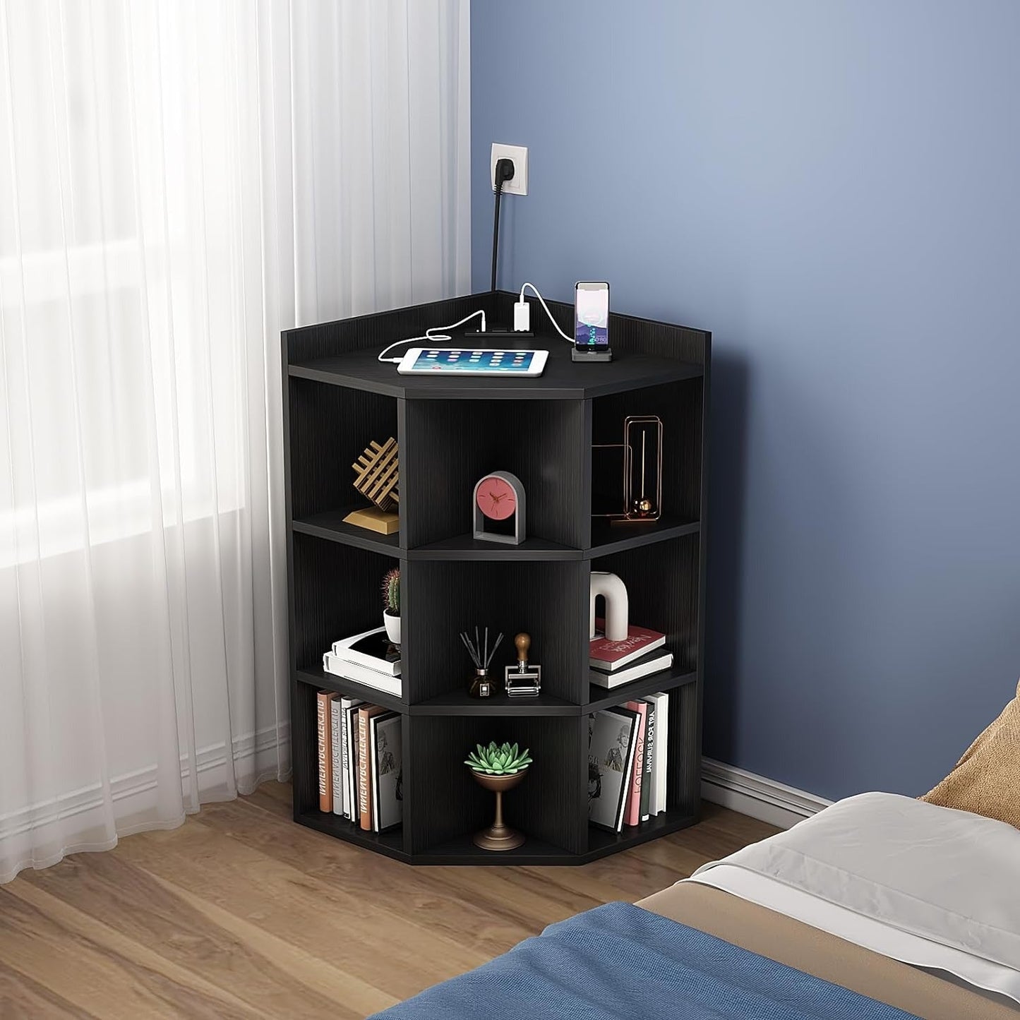 Corner Cabinet with Charging Station, Storage Cabinets, Triangle Bookcases