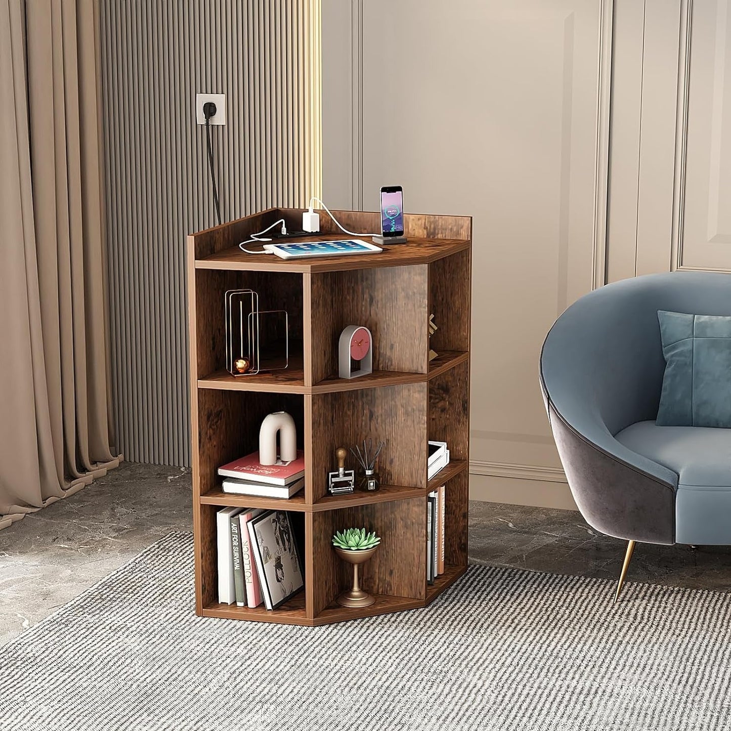 Corner Cabinet with Charging Station, Storage Cabinets, Triangle Bookcases