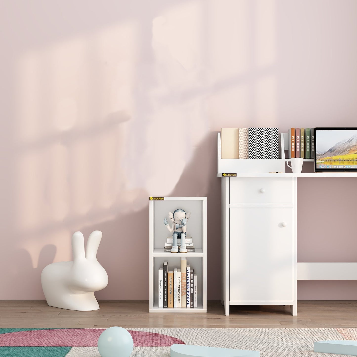 Cube Cabinet, 2 Tiers Storage, Display Bookshelf, White and Black Color