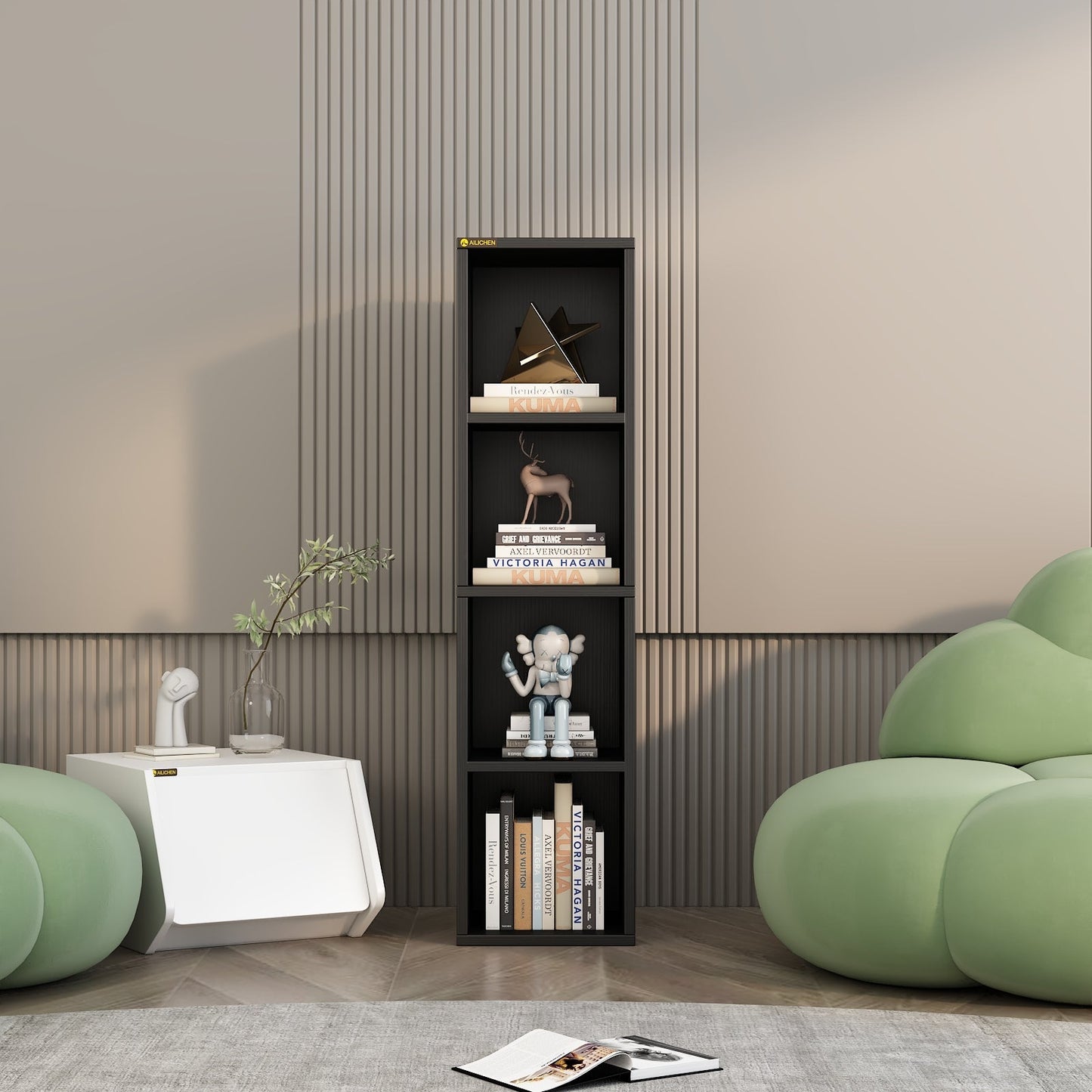 Home  4-Tier Media Tower Rack, Tall Narrow Bookcase Display Bookshelf for Home Office