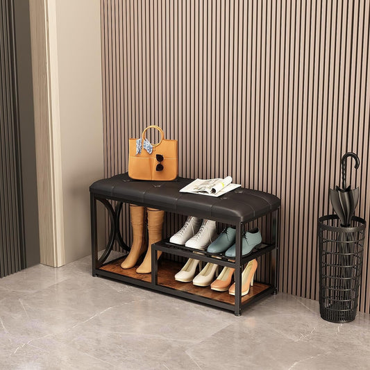 3-Tier Small Rustic Shoe Rack Bench with Padded Seat