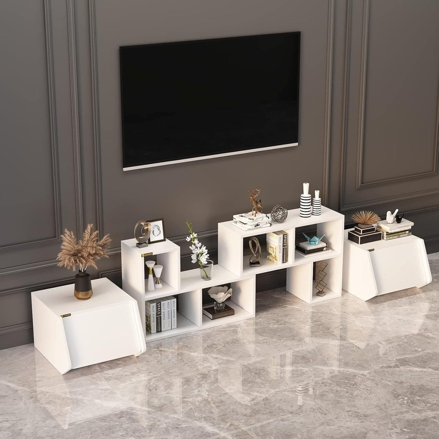 Cube Storage Organizer with Sliding Door, Small Cabinet, Wood Stacking Storage Box